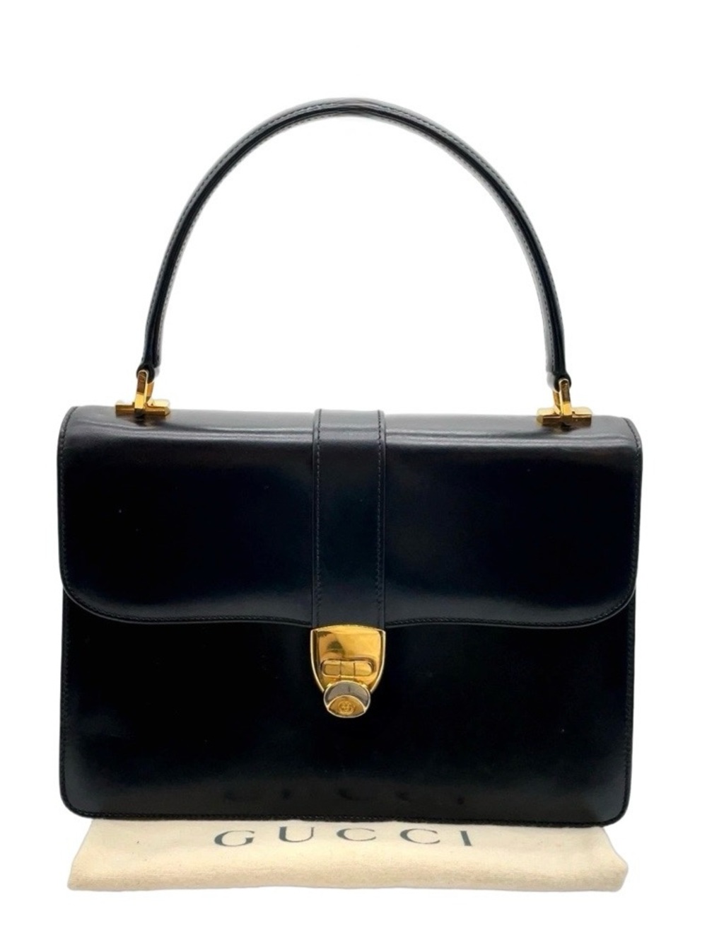 Vintage Gucci Black Leather Structured Top Handle Handbag GG Clasp 99-001-3860